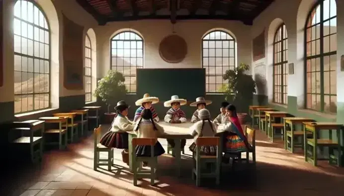 Aula escolar iluminada con niños de diversas etnias peruanas en trajes típicos sentados alrededor de una mesa redonda, con pizarra y plantas al fondo.