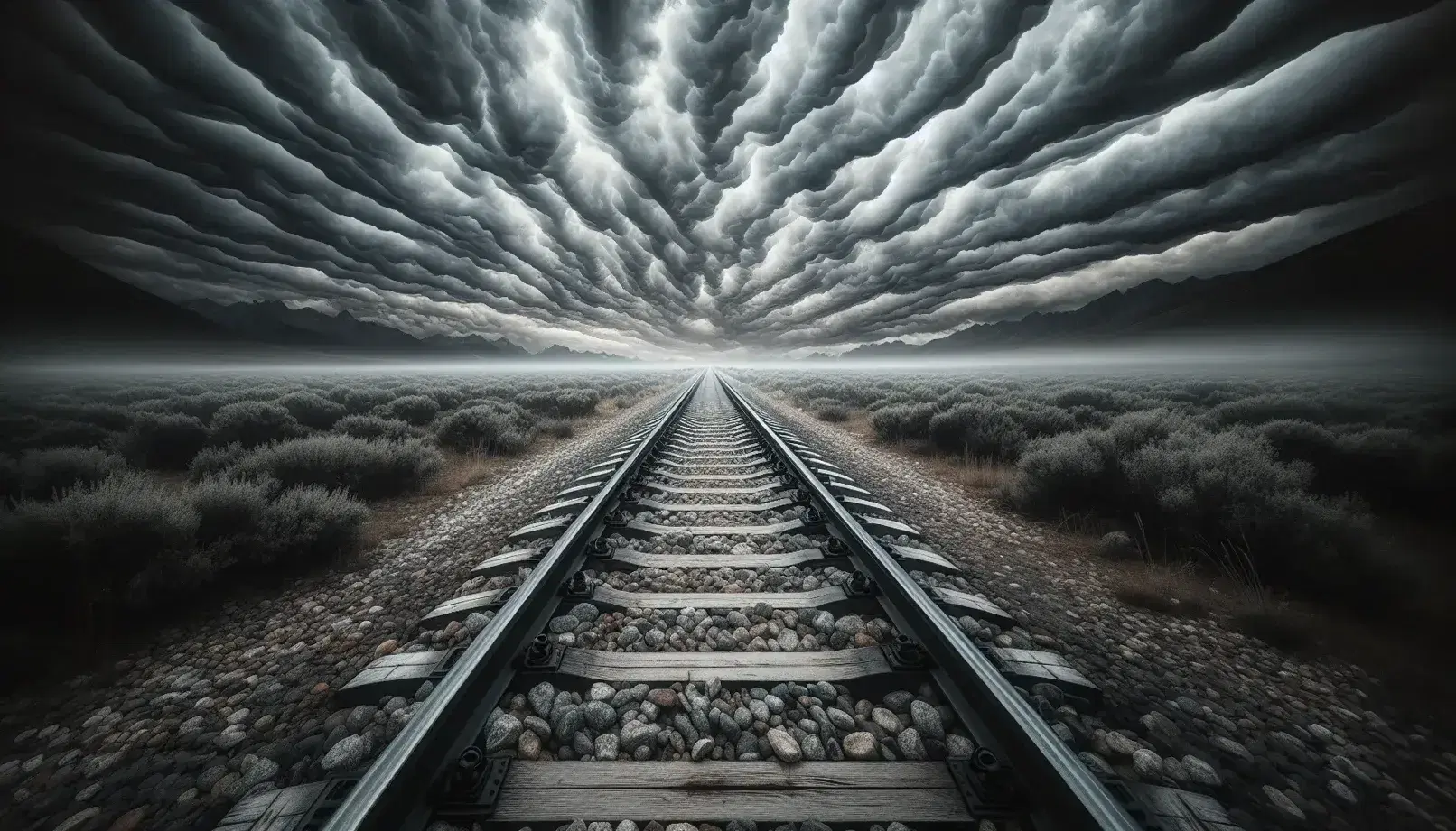 Binari ferroviari che si estendono verso l'orizzonte sotto un cielo nuvoloso, con ghiaia ai lati e atmosfera malinconica.