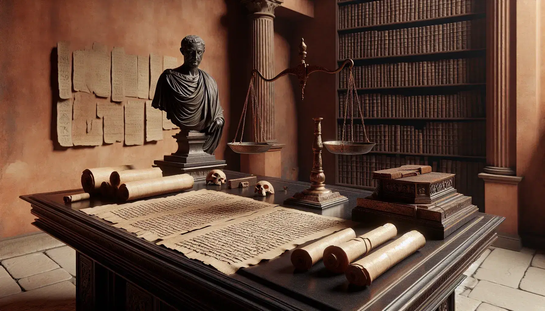 Biblioteca romana antica con tavolo in legno, rotoli di papiro, statuetta di giurista in bronzo, bilancia e casse con lucchetto.