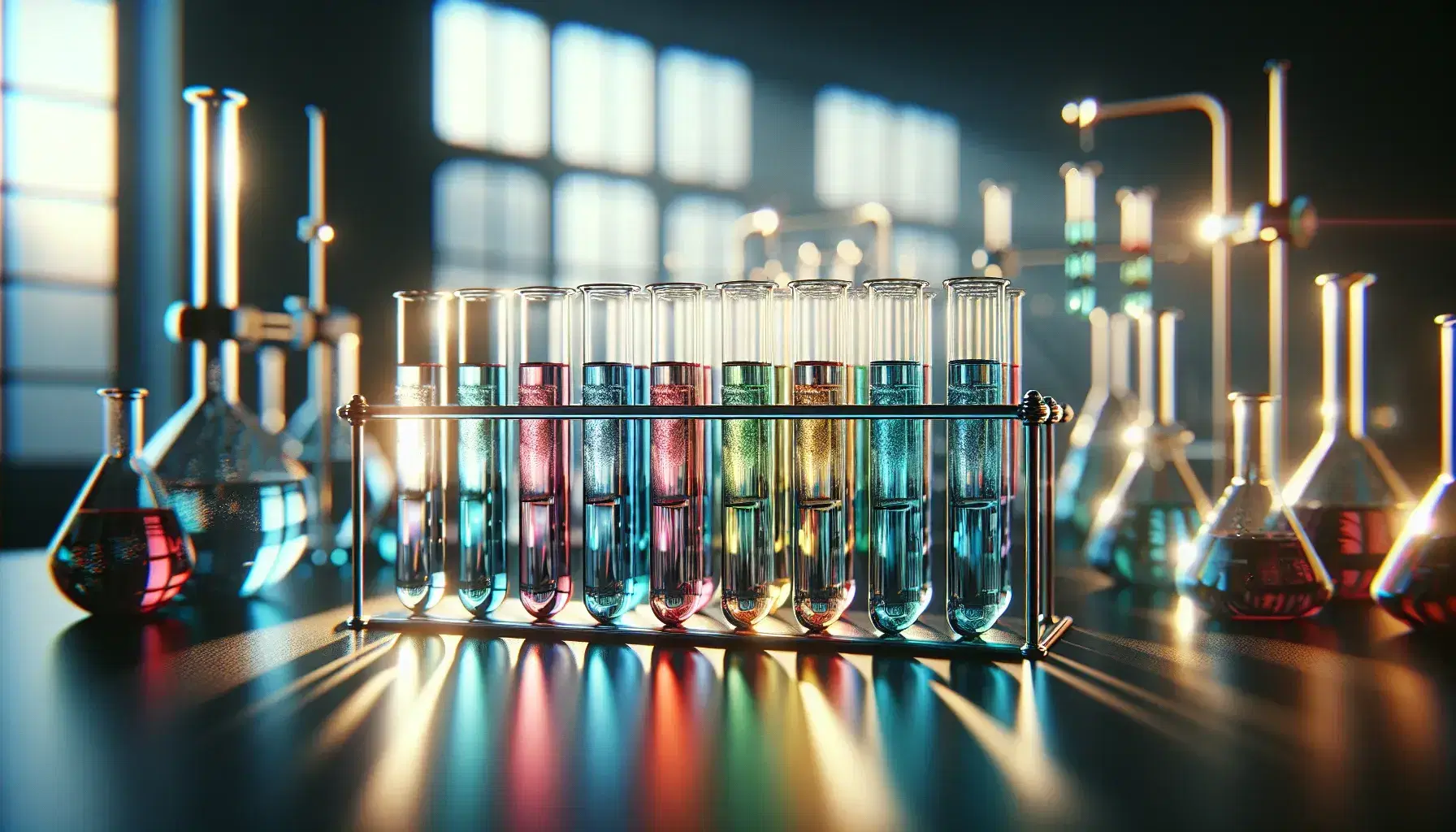 Provette in vetro trasparente con liquidi colorati su supporto metallico in laboratorio scientifico, illuminazione naturale.