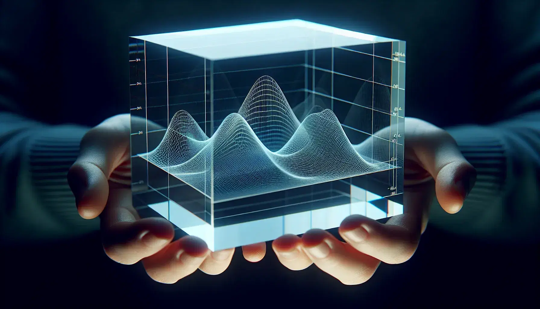 Hands holding a 3D graph etched in a clear acrylic block, with a smooth, curved surface and gradient blue hues, against a soft blue-green backdrop.