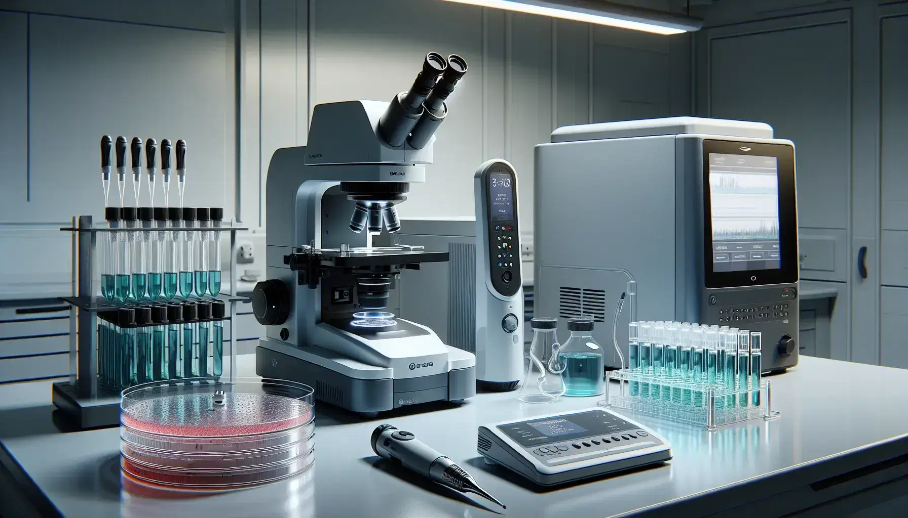 Laboratorio di biologia molecolare con microscopio elettronico, provette colorate, centrifuga, pipetta automatica e piastre di Petri su banco di lavoro.