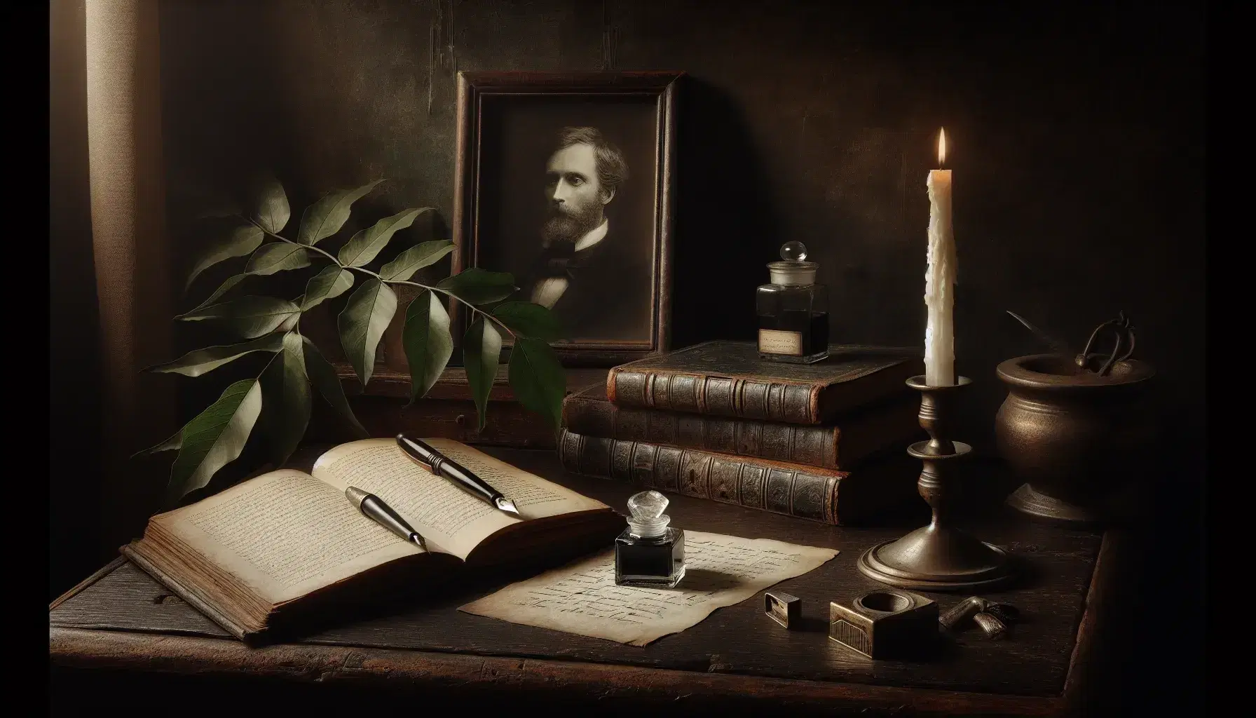 Scrivania in legno scuro con libro antico, calamaio e penna stilografica, candela semiconsumata e ritratto in bianco e nero.