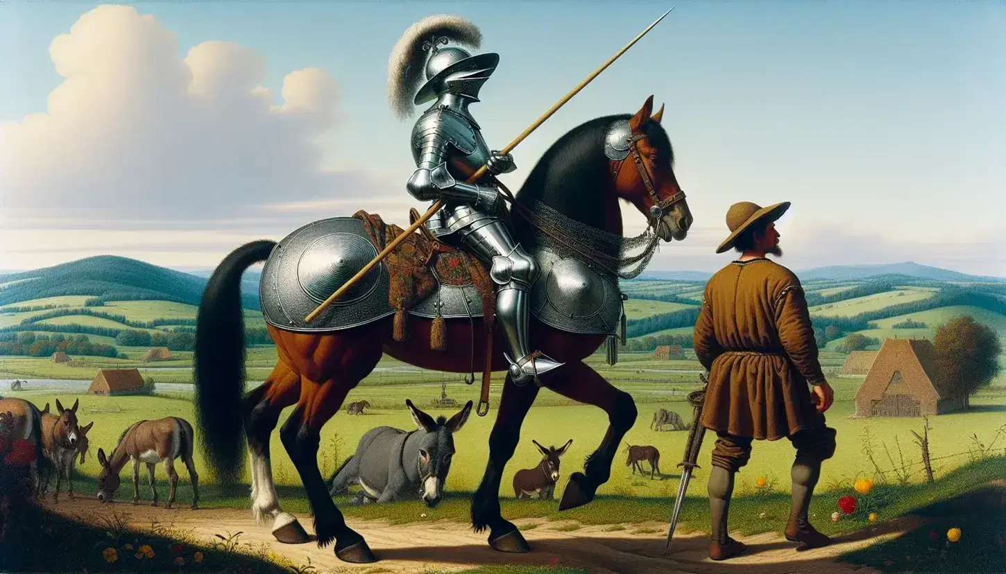 Cavaliere in armatura del XVI secolo a cavallo con lancia, accanto a uomo con asino in paesaggio campestre.