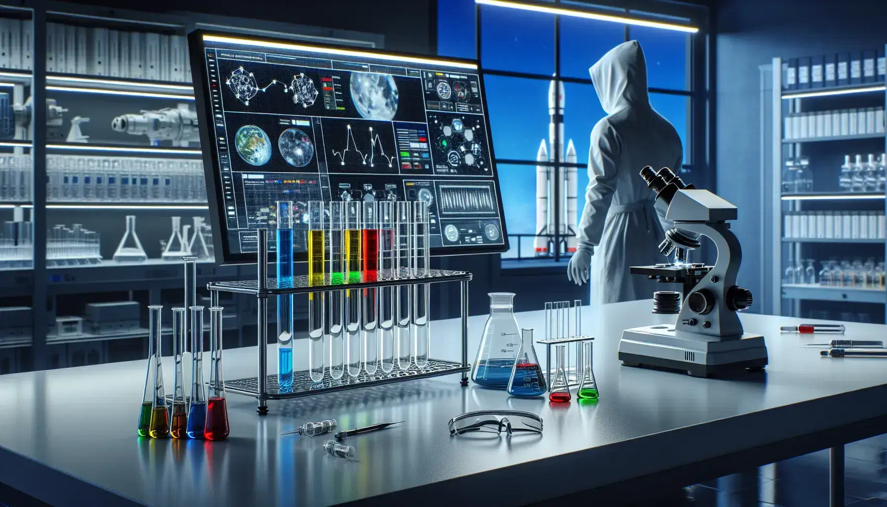 Laboratorio científico con tubos de ensayo de colores, microscopio, investigador analizando datos y cohete en plataforma de lanzamiento al fondo.