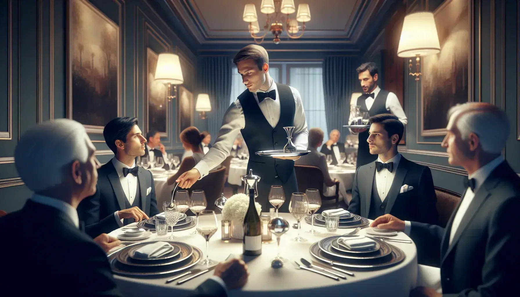 Maître d' in uniforme dirige camerieri che servono a tavolo rotondo con tovaglia bianca in ristorante lussuoso, sommelier presenta vino.