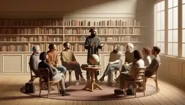 Diverse group engaged in a French language workshop, with a Middle-eastern instructor gesturing, surrounded by books, a globe, headphones, and a beret.