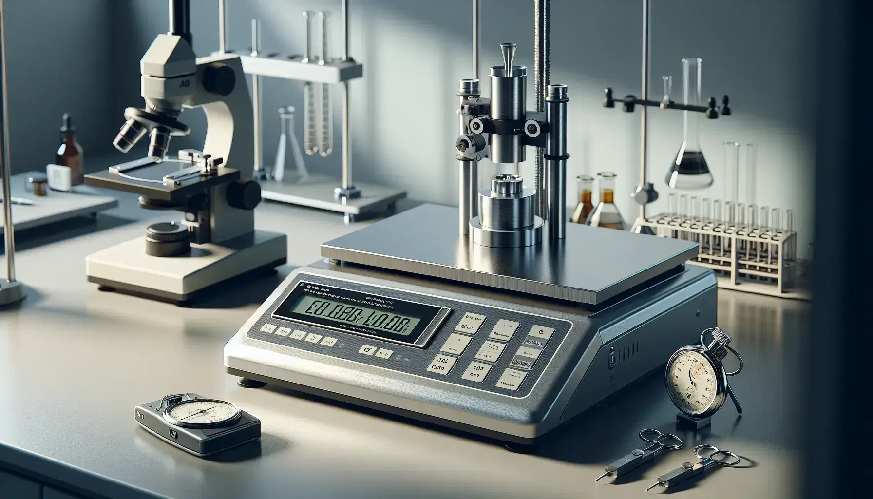 Laboratorio de física con balanza analítica de precisión, cronómetro manual, microscopio y soporte universal con tubo de ensayo.