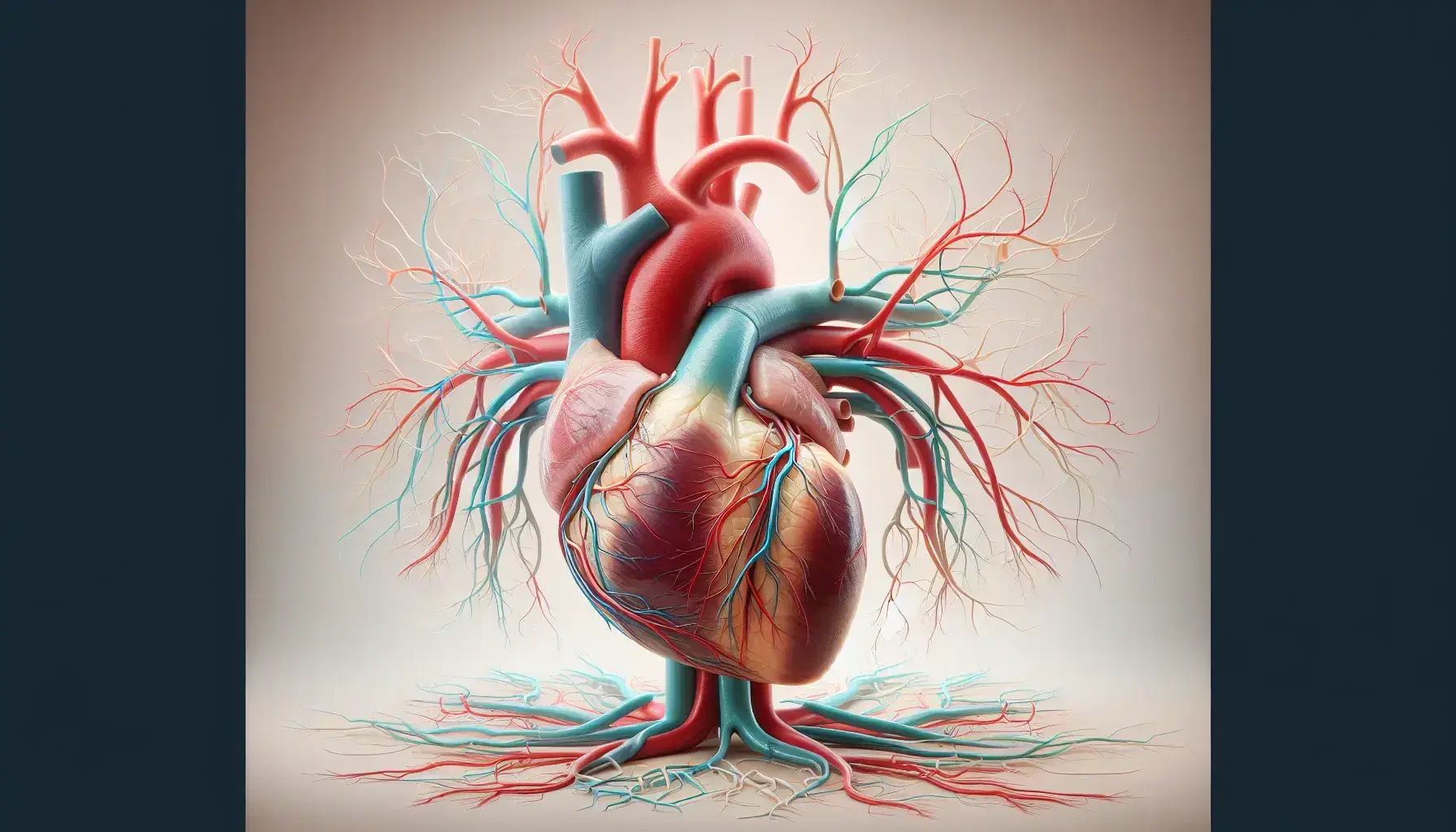 Corazón humano realista en 3D con arterias y venas en rojo y azul y sistema linfático en verde sobre fondo neutro, mostrando la red circulatoria y linfática.