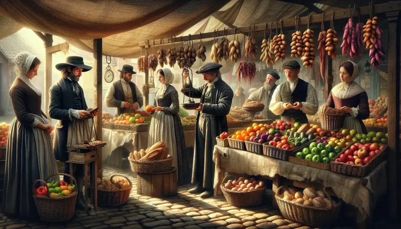 Mercato all'aperto del XIX secolo con persone in abiti d'epoca, bancarelle di legno, frutta, verdura, carne e un ragazzo che tiene una mela.