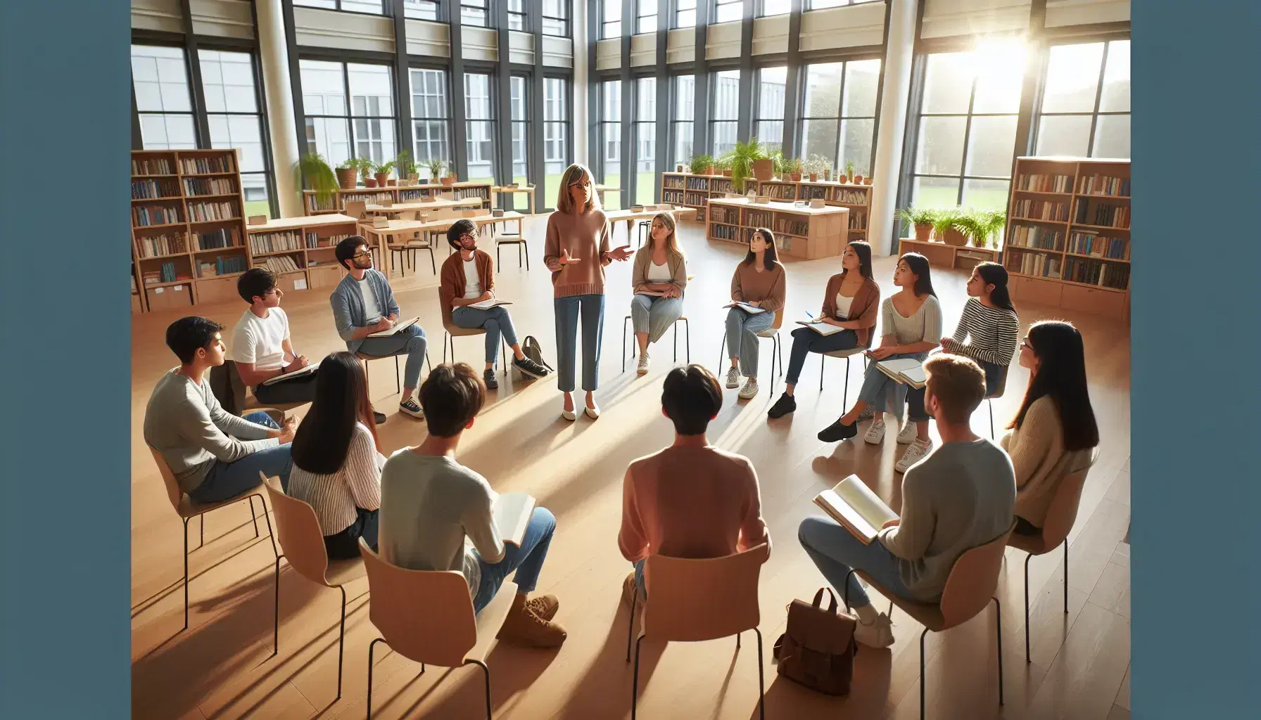 Estudiantes universitarios atentos participan en una clase interactiva con profesora en aula iluminada naturalmente, rodeados de libros y plantas.