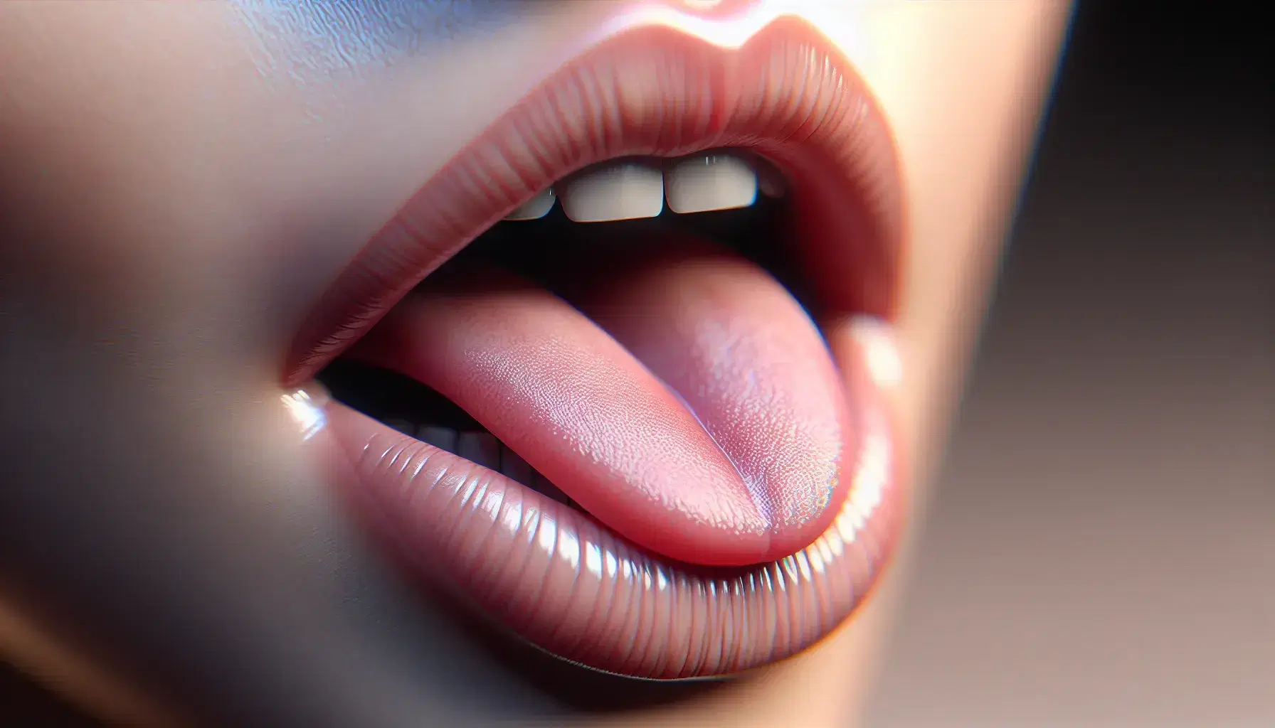 Close-up view of a human mouth with lips parted, tongue raised towards the alveolar ridge, indicating speech articulation, in a blurred background.