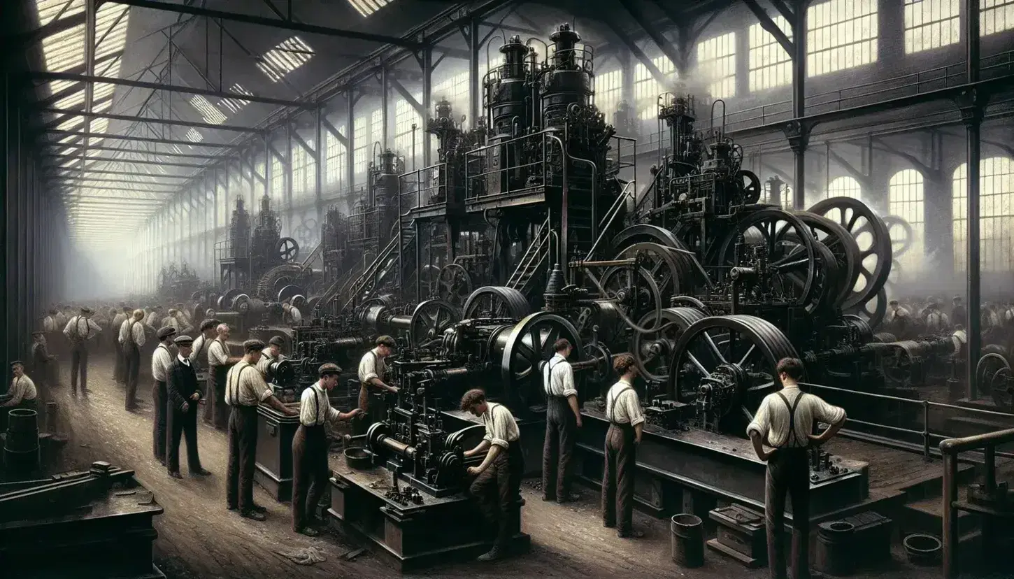Late 19th-century industrial factory floor with workers operating heavy machinery, foreman overseeing, steam rising, and natural light from large windows.