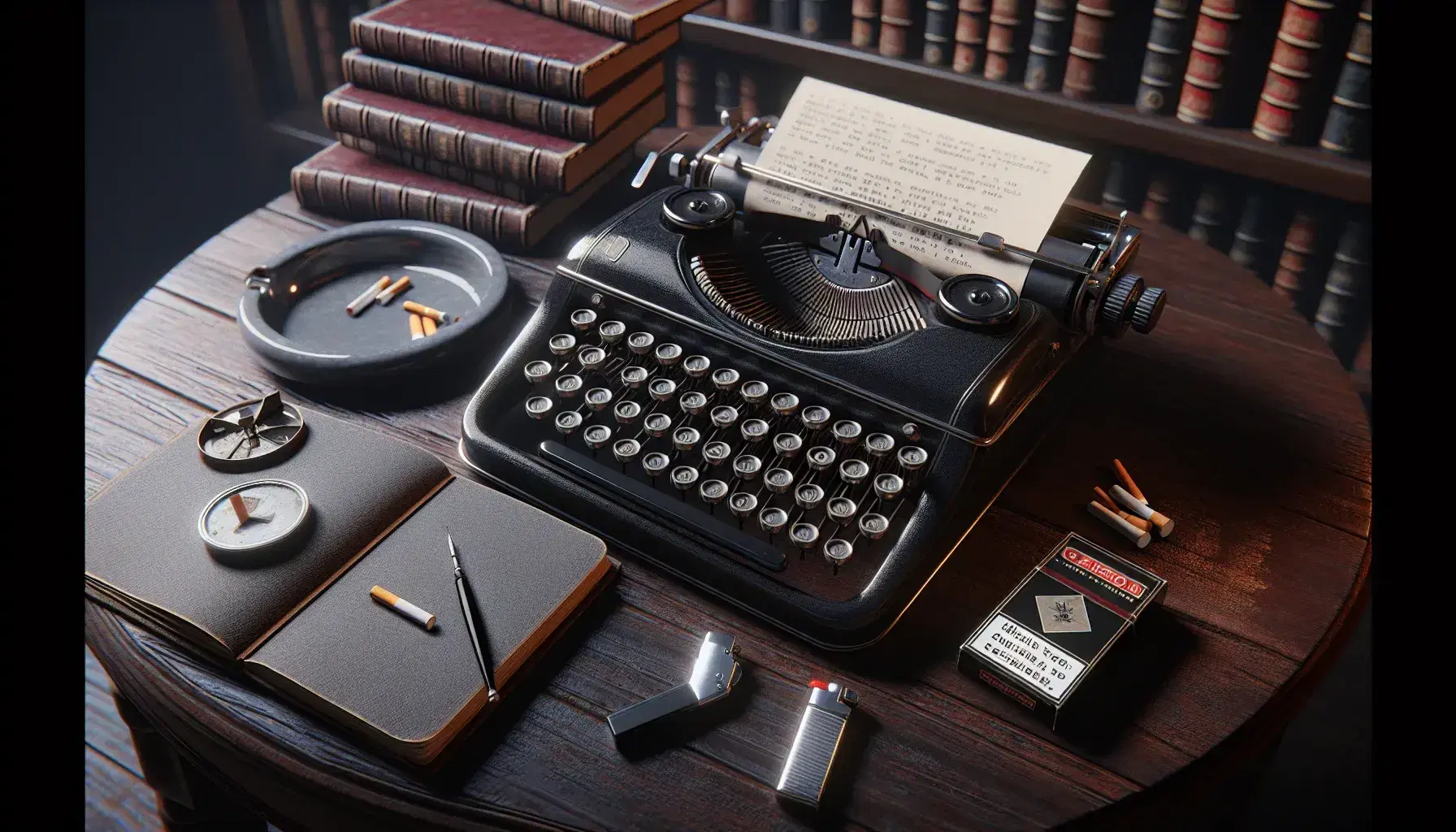 Scrivania vintage in legno scuro con macchina da scrivere antica, fogli bianchi, posacenere e accendino, sfondo di libreria sfocata.