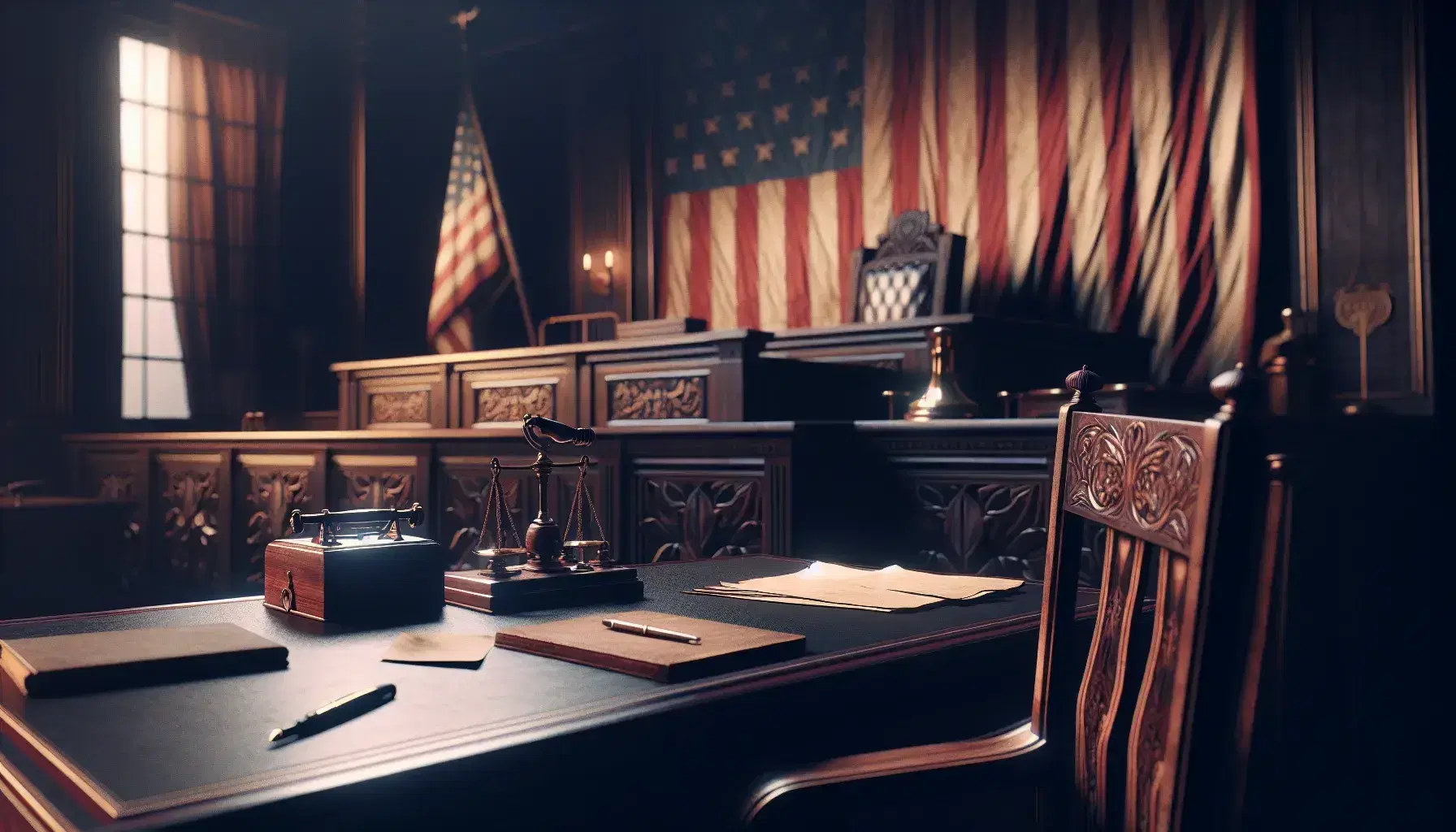 Vintage courtroom interior with an empty judge's bench, witness stand, and wooden gallery benches, highlighted by a draped American flag in the background.