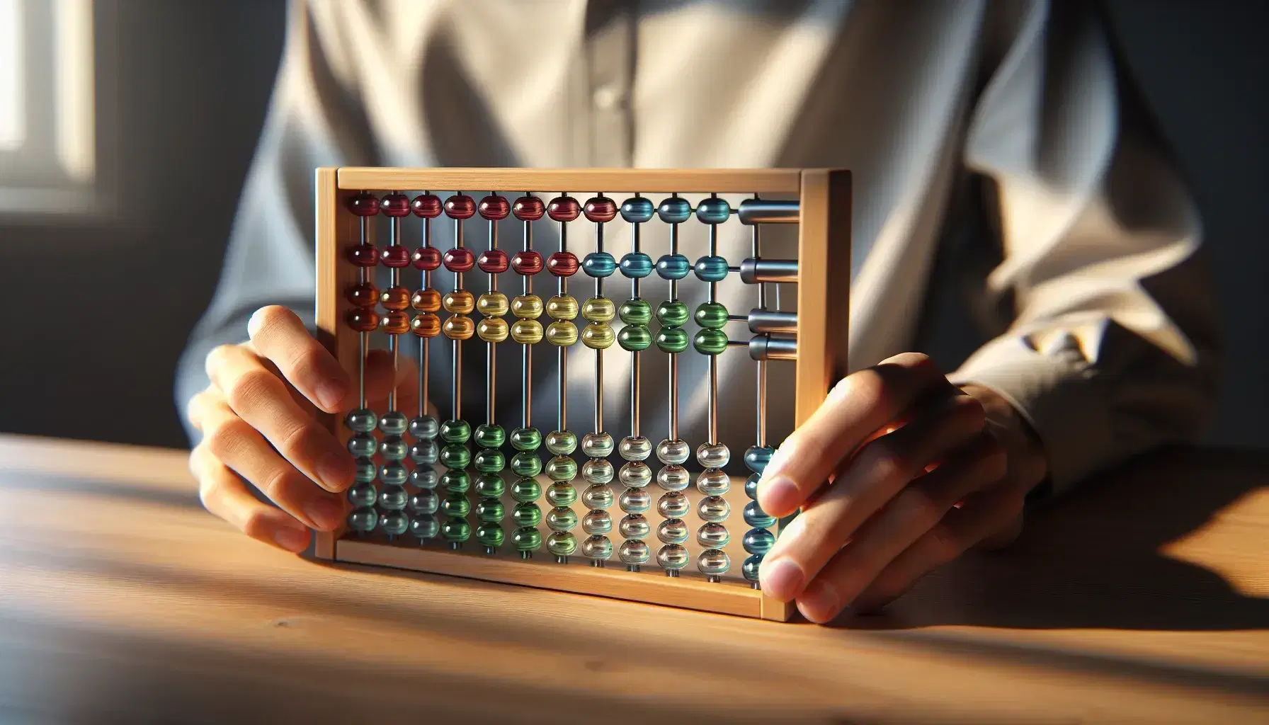 Close-up view of hands holding a transparent abacus with colorful glass beads on silver rods, against a blurred wooden desk background.