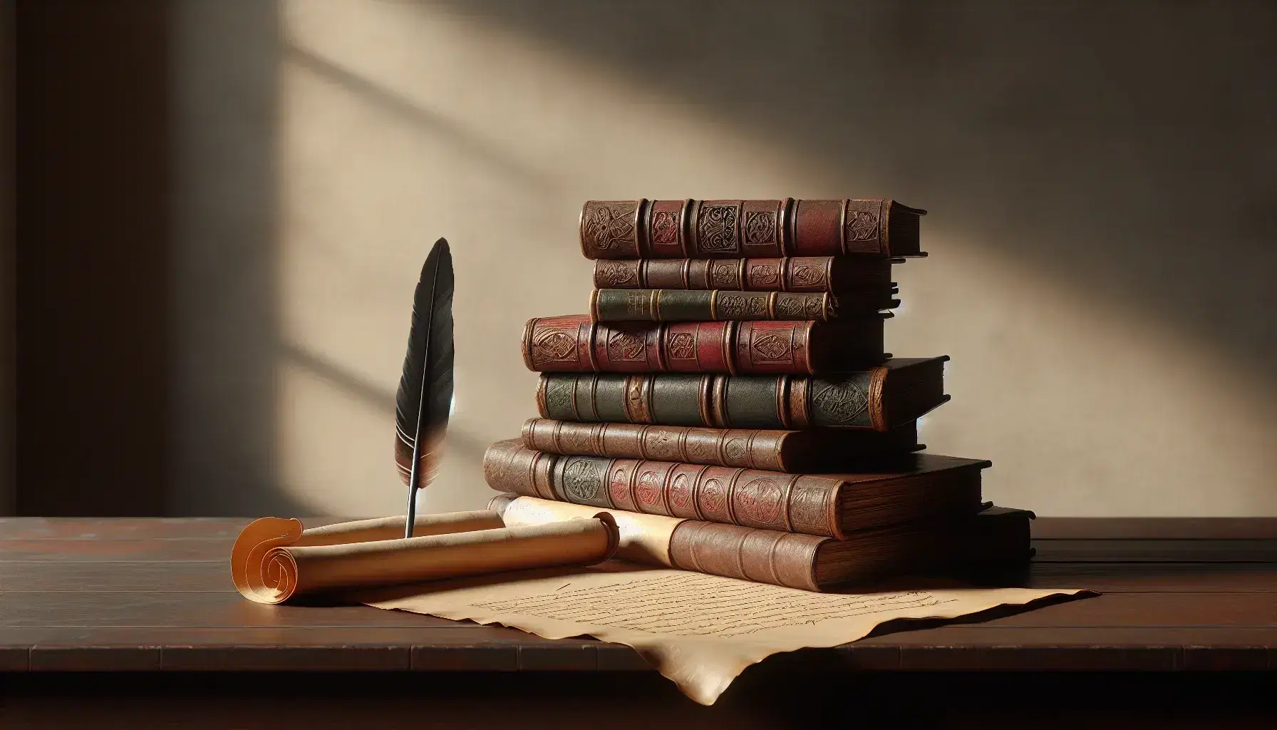 Pila de libros antiguos con tapas de cuero sobre mesa de madera, junto a un pergamino desenrollado y una pluma de ave para escritura.