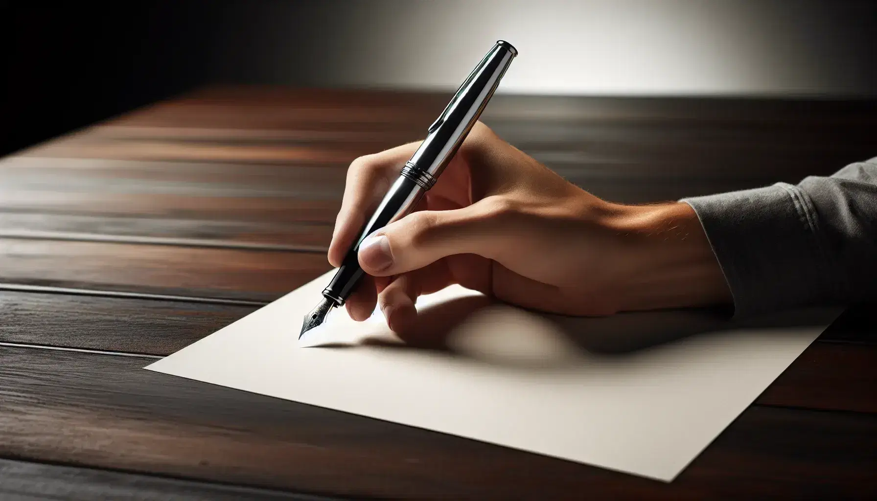 Mano pálida sujetando un elegante bolígrafo sobre papel en blanco en mesa de madera oscura, ambiente de estudio al fondo.