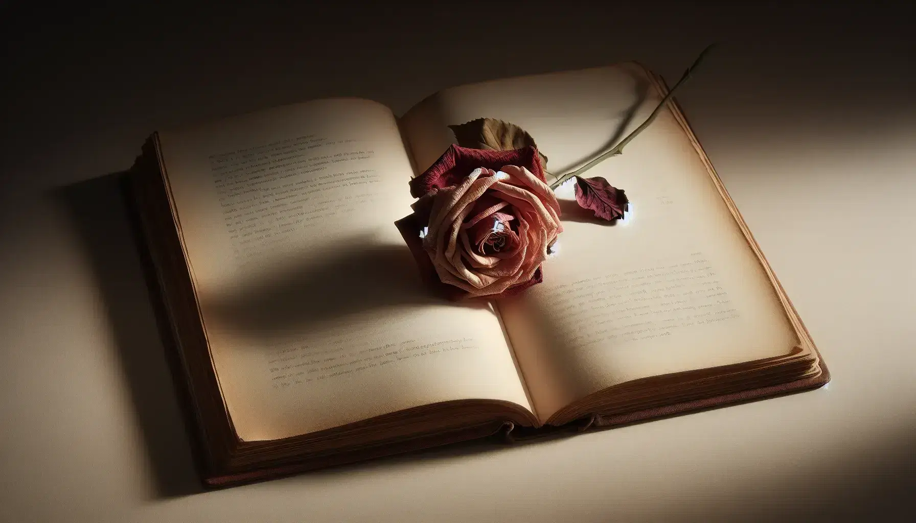 Withered pink rose resting on open blank book with curled petals, contrasting against creamy pages and a softly blurred beige background.
