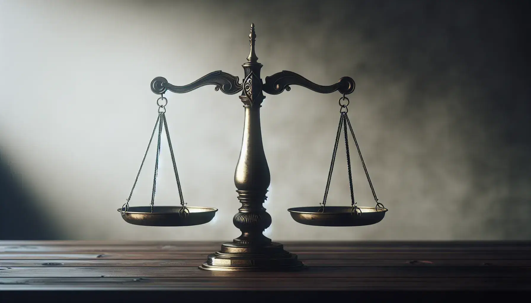 Balanza de justicia de bronce equilibrada sobre mesa de madera oscura, iluminada por luz natural que resalta su brillo metálico y crea sombras suaves.