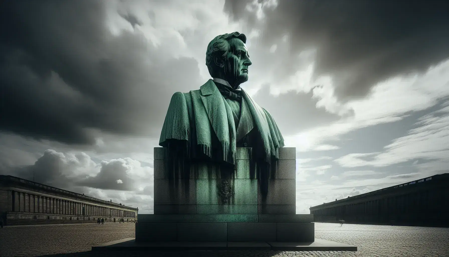 Statua in bronzo di figura pubblica non identificata con patina verde ossidata su pavimento in pietra sotto cielo nuvoloso.