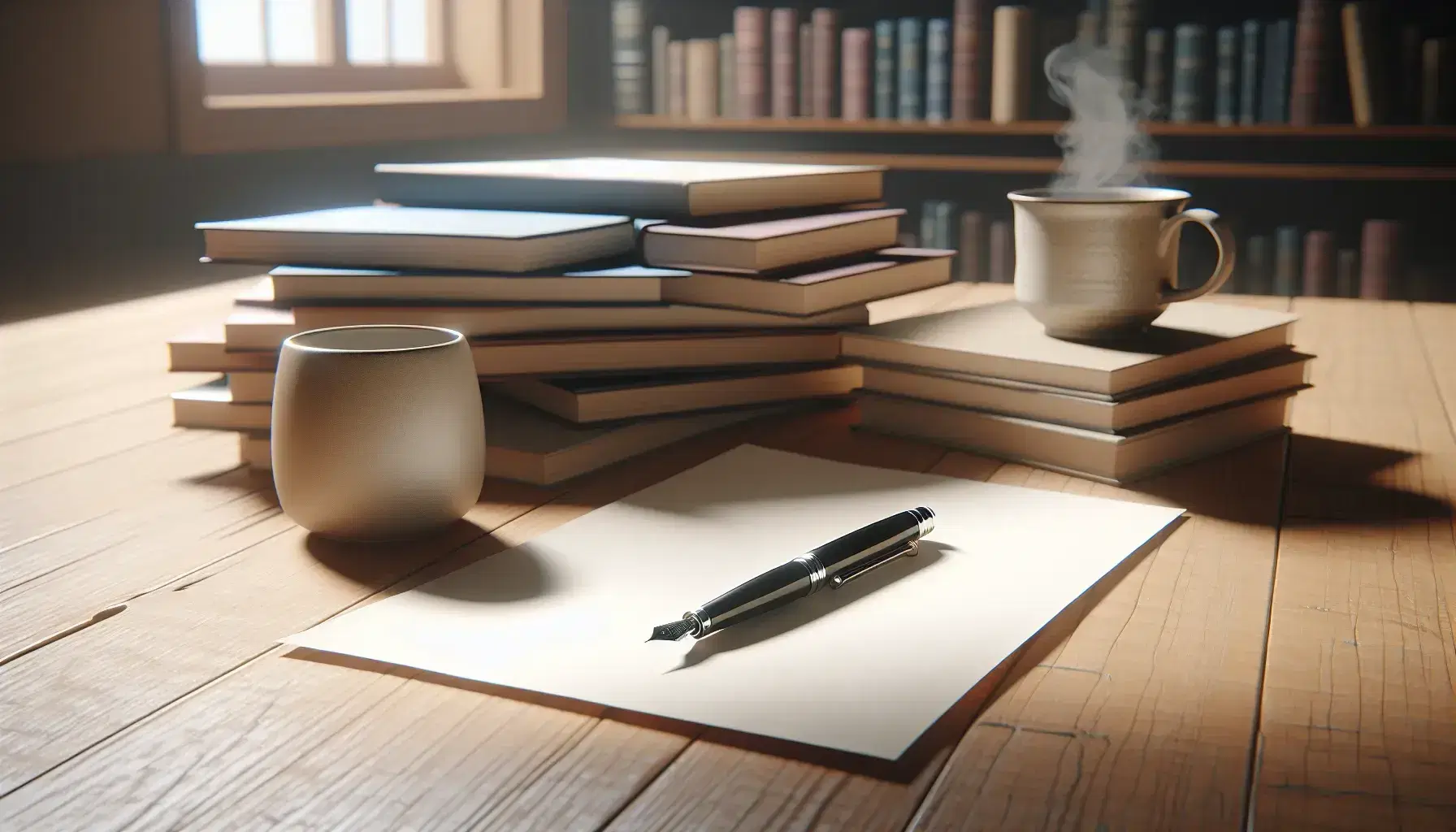 Mesa de madera clara con papeles blancos desordenados, pluma estilográfica negra y taza humeante, estantería con libros desenfocados al fondo.