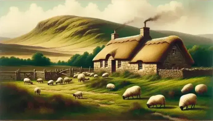 Rustic Scottish countryside with a stone thatched cottage, grazing sheep in a green field, and rolling hills under a pale blue sky.