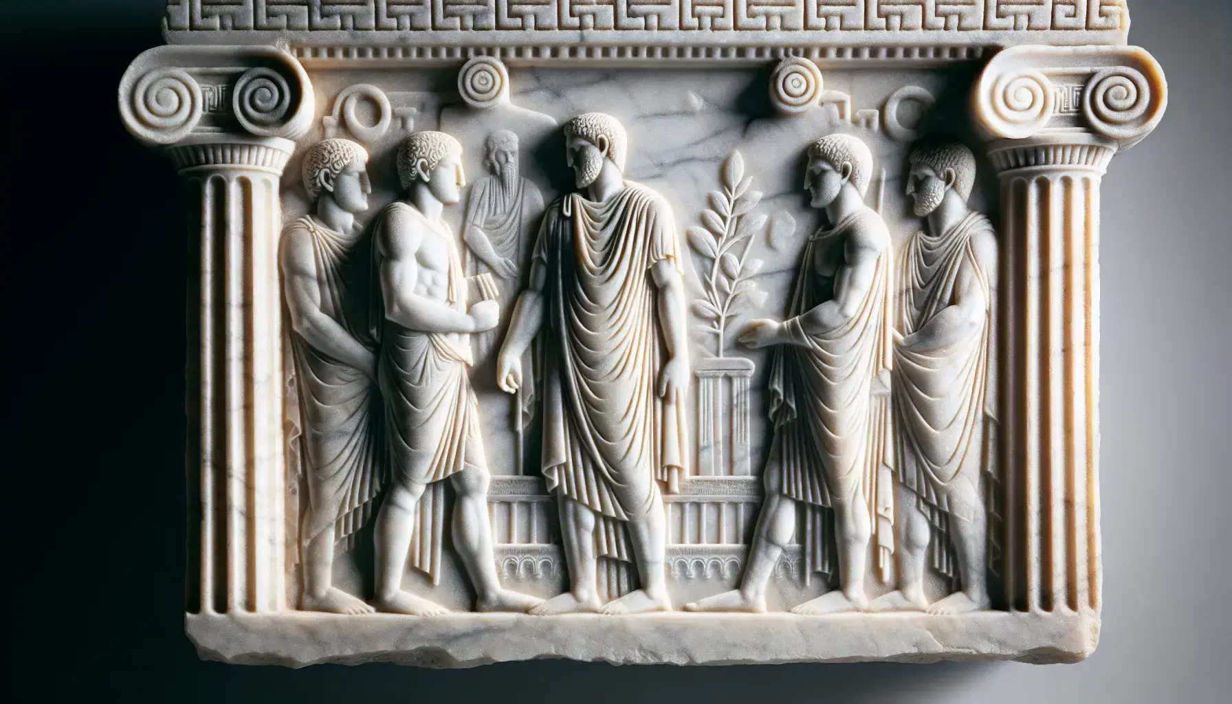 Fregio in marmo bianco con tre figure maschili in rilievo, stile dorico, dettagli di scultura classica greca senza testo.