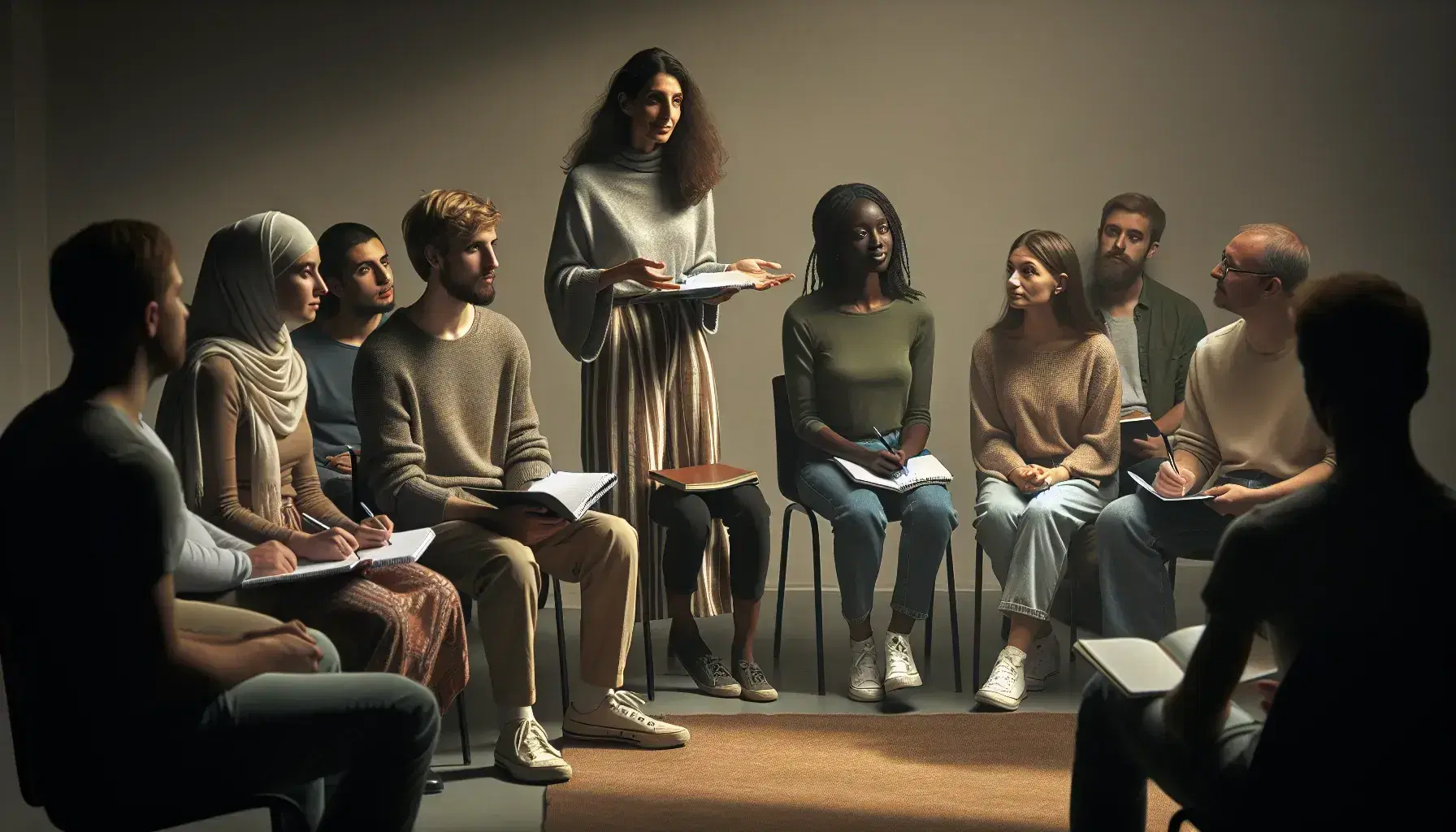 Diverse group of attentive students in a language class with notebooks, listening to a Middle-Eastern female teacher explaining a concept.