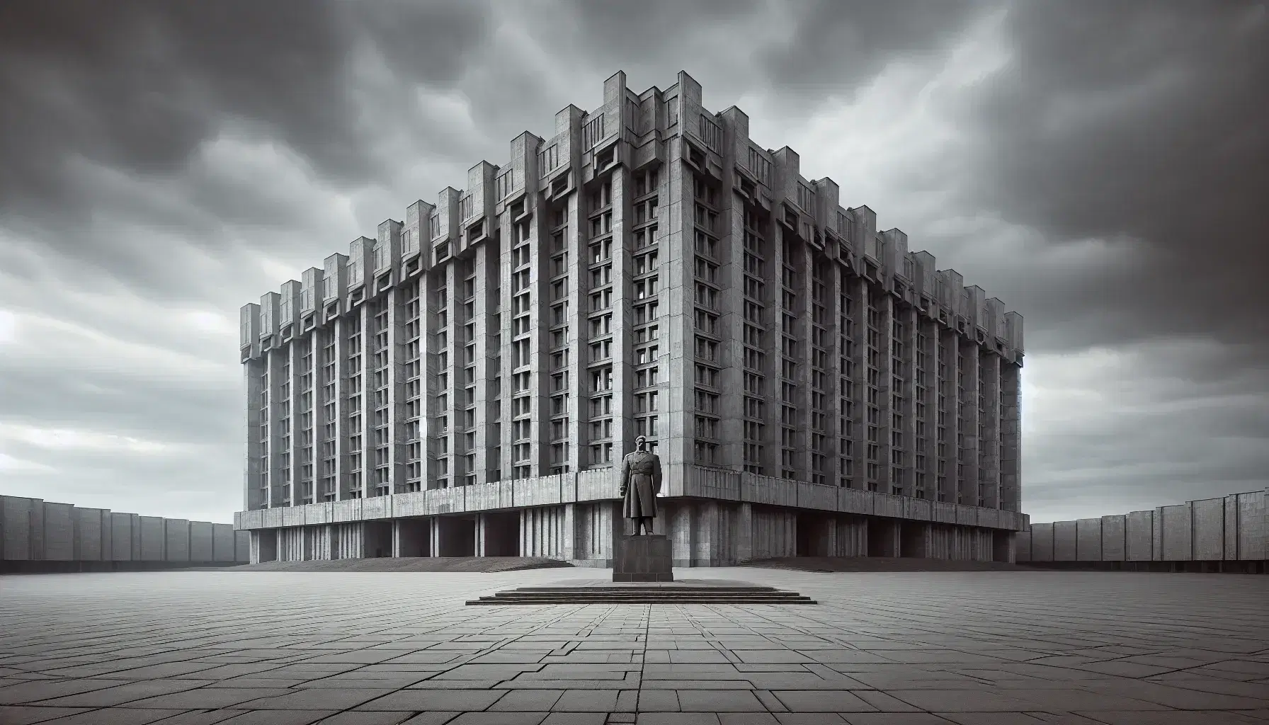 Brutalist-style concrete building with geometric windows under overcast sky, flanked by a bronze military statue and bare trees on a stone-paved plaza.