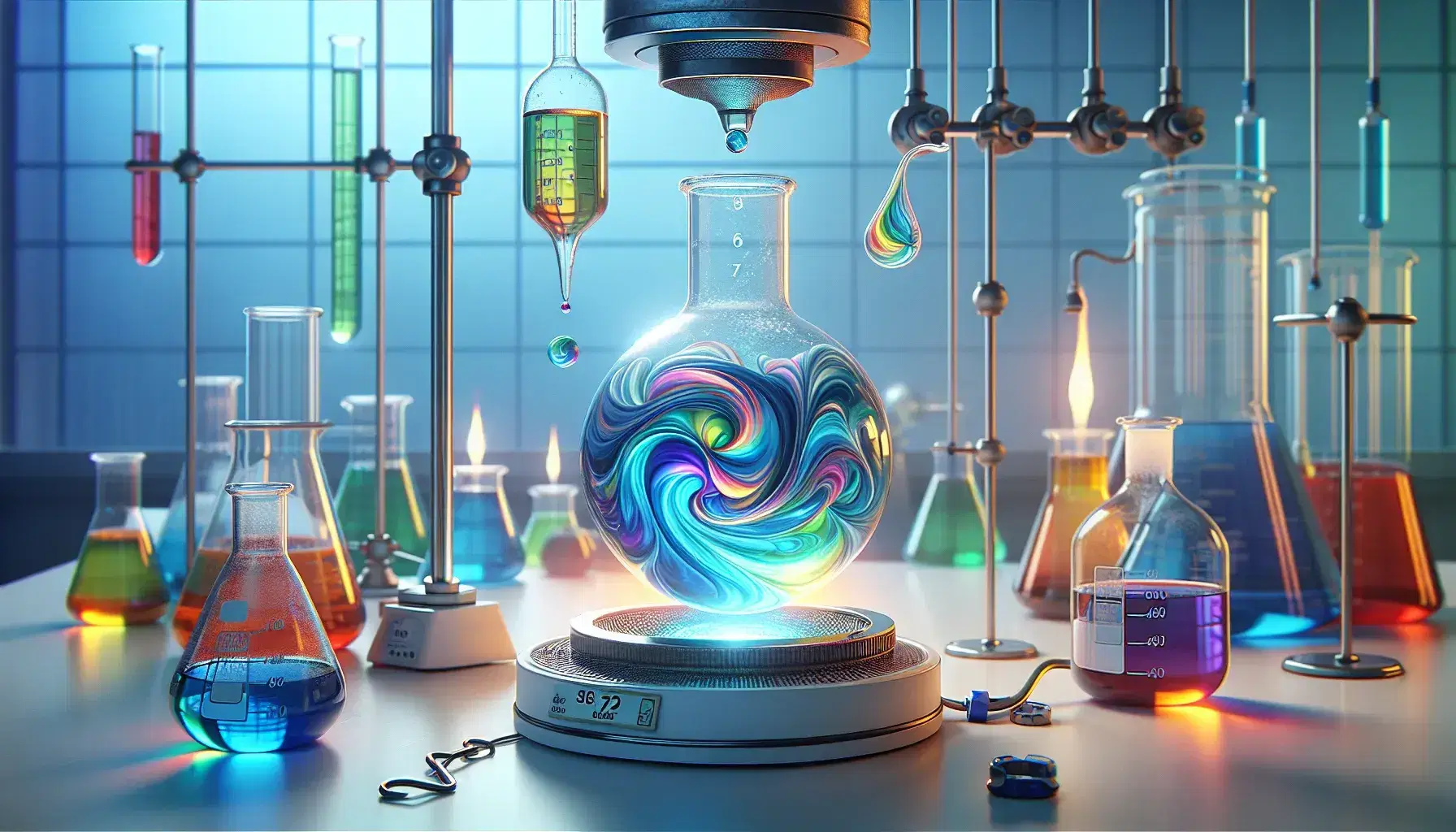 Chemical laboratory with round bottom flasks on magnetic stirrer and Bunsen burner, colored reactions in progress, sealed Erlenmeyers on bench.