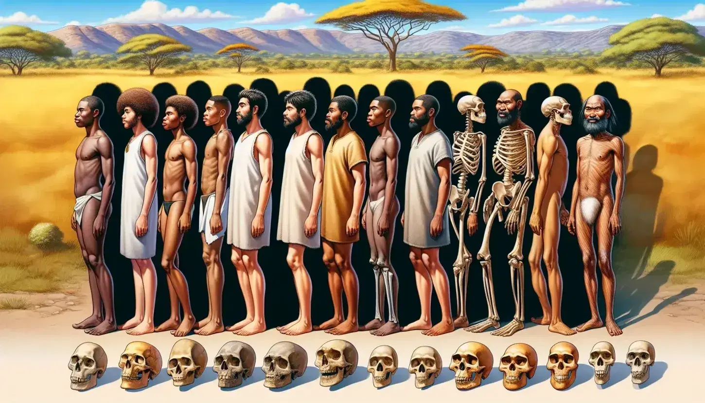 Gruppo di figure umane con diverse tonalità di pelle in fila su sfondo che varia da savana a foresta, con teschi umano e Neanderthal in primo piano.