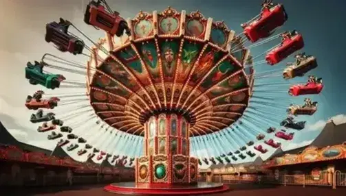 Carrusel de feria en funcionamiento con columnas rojas y doradas, techo a rayas rojas y blancas, y figuras de animales y vehículos coloridos en un día soleado.