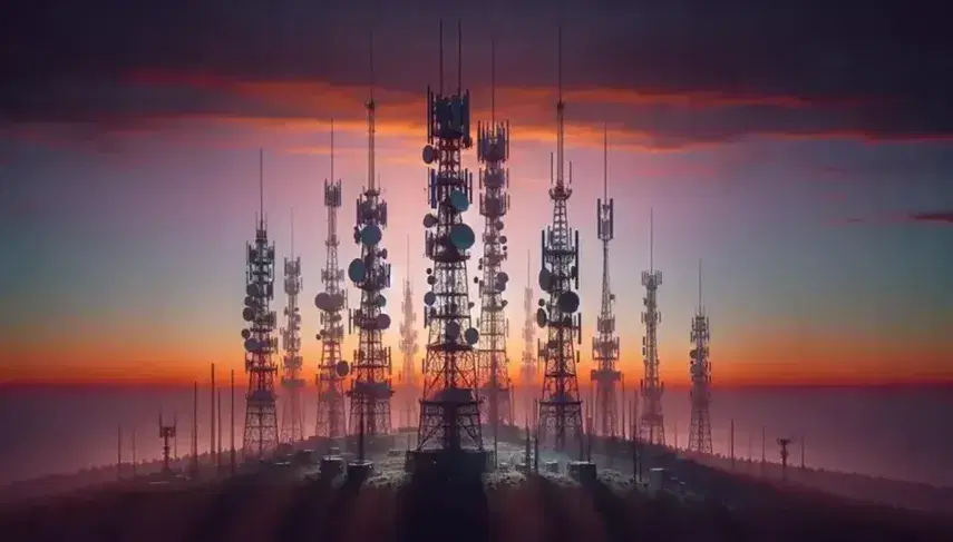 Torres de telecomunicaciones al atardecer con antenas diversas sobre un paisaje crepuscular de cielo naranja a violeta y vegetación oscura.