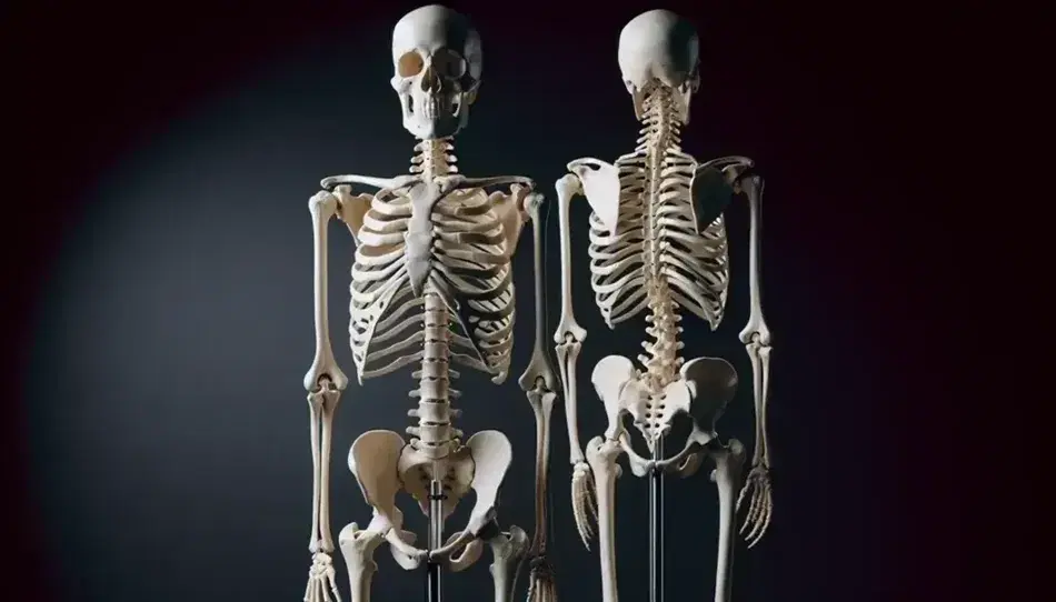 Esqueleto humano completo montado en soporte metálico, con huesos de color blanco marfil y postura frontal, brazos extendidos y dedos ligeramente curvados.