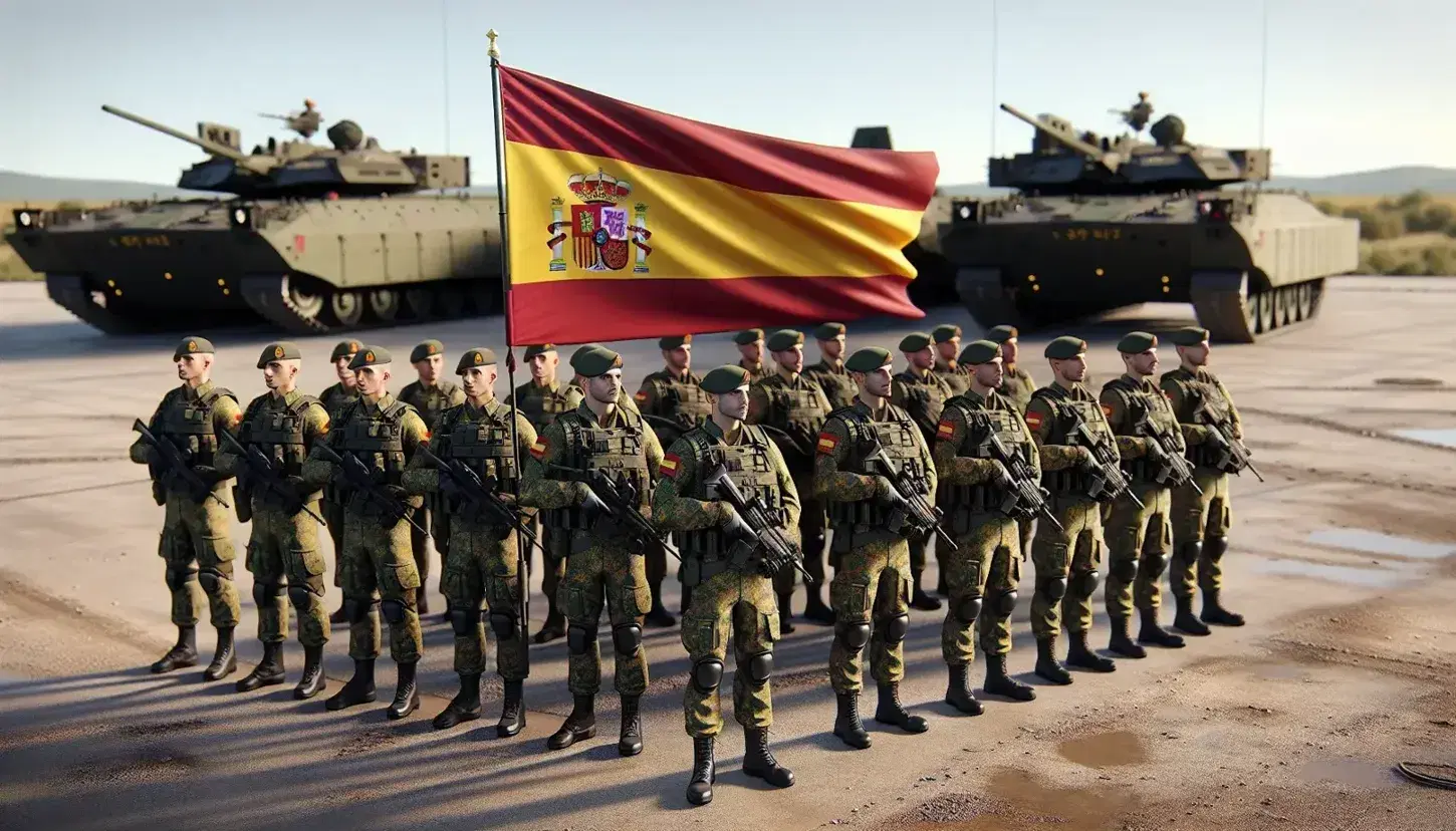 Spanish military personnel in camouflage uniforms stand at attention with a beret-clad soldier holding the national flag, backed by armored vehicles.