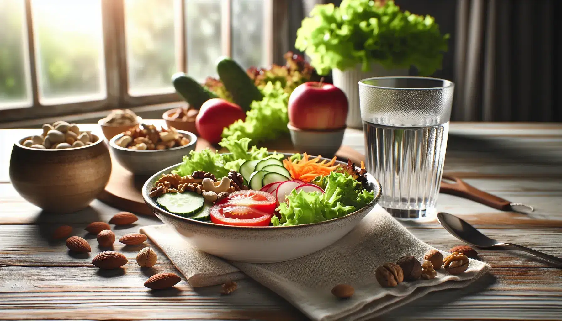 Mesa de madera clara con ensalada mixta en plato blanco, vaso de agua, tazón de nueces y manzana roja, iluminados por luz natural.