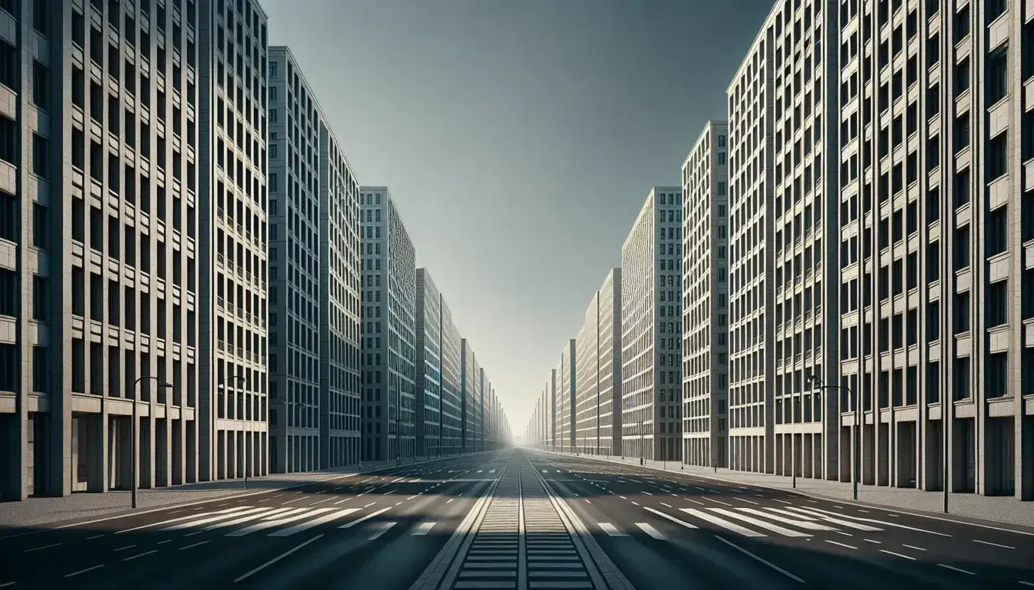 Strada cittadina soleggiata con edifici simmetrici e prospettiva lineare che converge verso il punto di fuga, cielo azzurro e ombre nette.