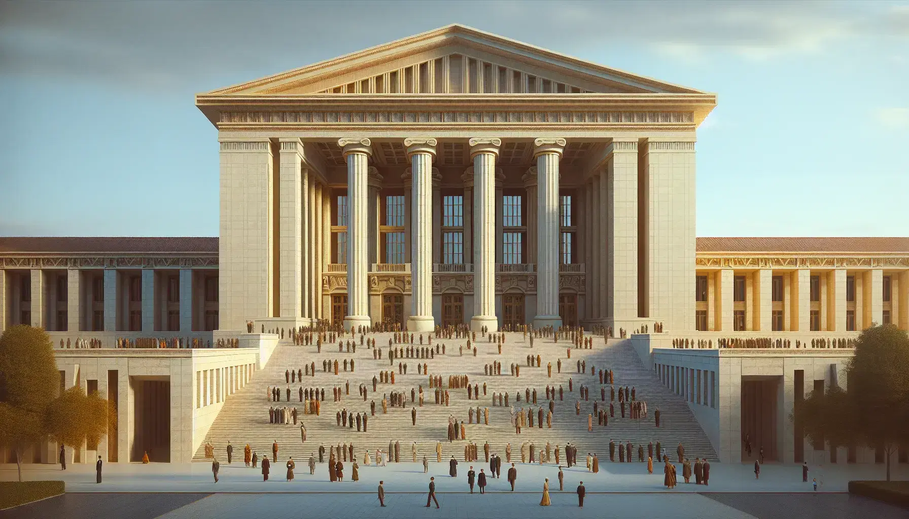 Grand classical-style building with columns, resembling Palais des Nations, with people in 1920s attire on stairs under a clear blue sky.