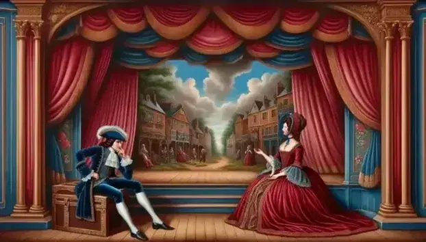 Classic theater stage with red velvet curtains, actors in period costumes beside a prop chest, set against a painted village backdrop.