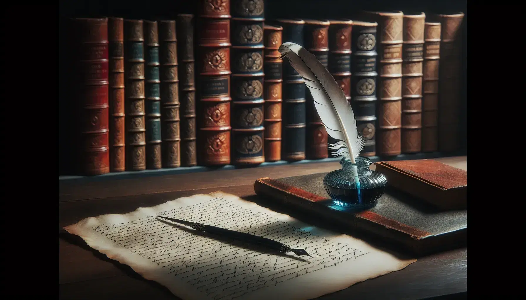 Scrivania in legno scuro con calamaio vintage in vetro e piuma, sullo sfondo libreria con volumi rilegati e manoscritto sfocato in primo piano.