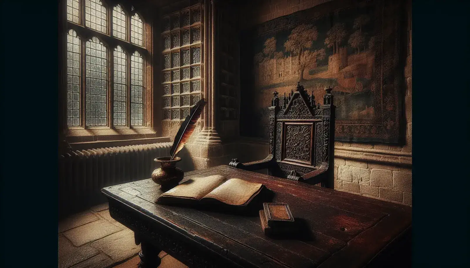 16th-century stone chamber with a wooden table, open antique book, quill and inkwell, ornate tapestry, high-backed chair, and lit candelabra.