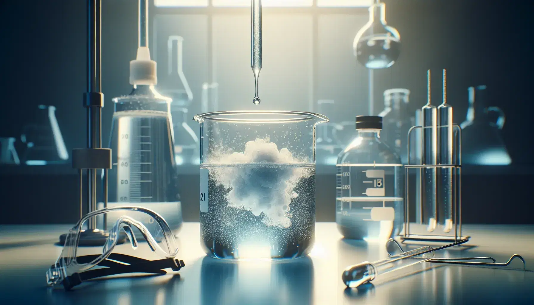 Laboratory with beaker containing clear liquid and white precipitate, glass rod, safety glasses and dropper with blue liquid.
