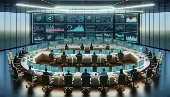 Modern control room with high-resolution monitors displaying colorful graphs, occupied ergonomic chairs, and laptops on a white table, in a well-lit, focused environment.