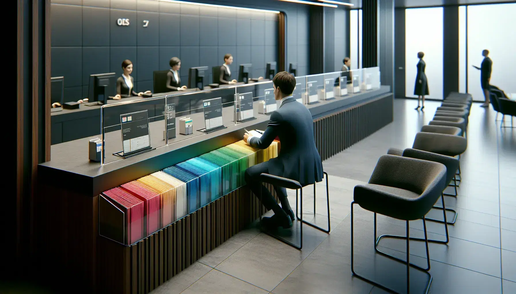 Escena de sucursal bancaria con folletos de colores en soporte acrílico, empleado en traje azul y ventanillas de atención al cliente.