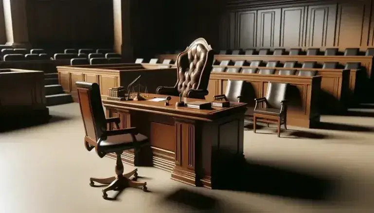Empty courtroom with wooden judge's bench, witness seat and lawyers table with chairs and documents, benches in the audience, soft lighting.