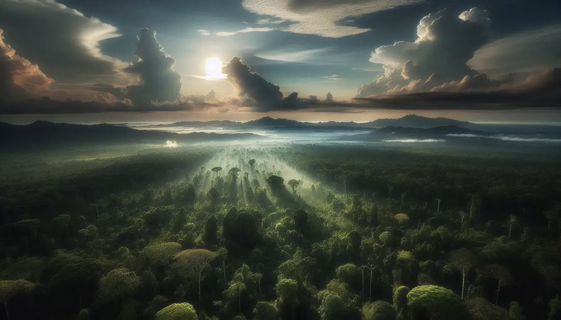 Vista aerea di una foresta rigogliosa con alberi emergenti, montagne all'orizzonte e cielo sfumato con nuvole e raggi solari.