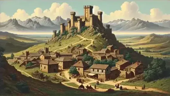 Veduta panoramica di un antico castello su collina erbosa con montagne innevate sullo sfondo e vita quotidiana in un borgo spagnolo.