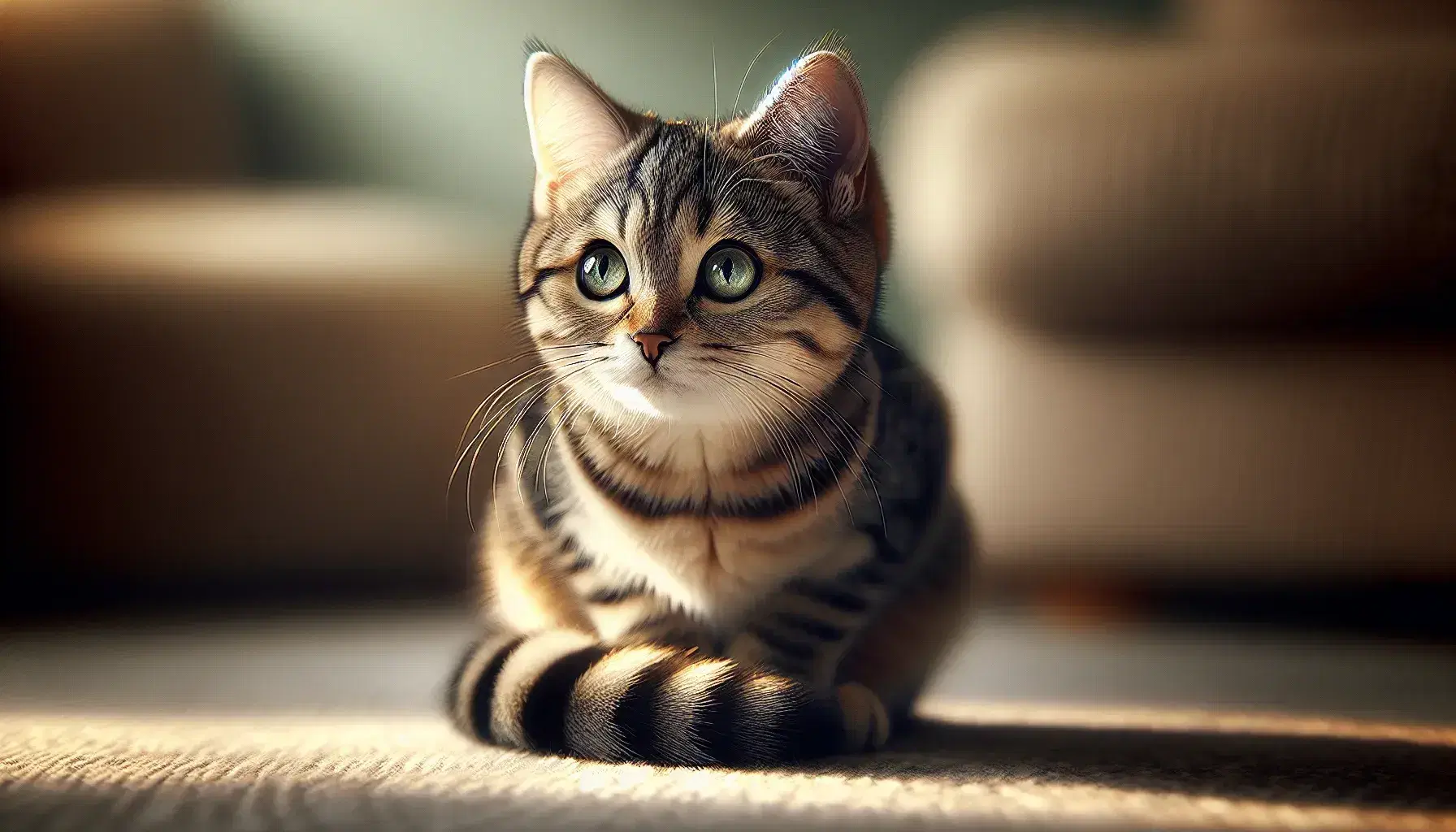Gato doméstico de rayas grises, negras y marrones sentado, con cola alrededor de las patas y ojos verdes atentos, junto a pelota de colores desenfocada.