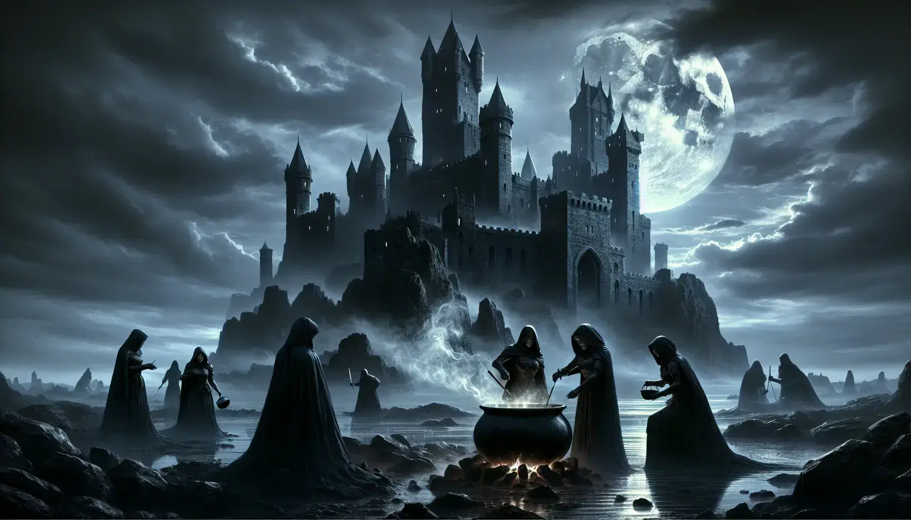Castello medievale in notte nebbiosa con luna piena, tre streghe al calderone e cavaliere pensieroso in armatura. Atmosfera misteriosa.